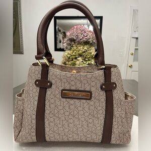 Calvin Klein Beige & Brown Monogram Tote with Gold Plaque